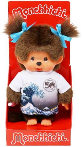 Bandai - Monchhichi - Monchhichi-Plüsch zum 50. Jubiläum - Motiv Hokusai-Welle - Ikonisches Affen-Plüschtier der 80er Jahre - Weiches Kuscheltier 20 cm für Kinder - Spielzeug ab 2 Jahren - SE255313