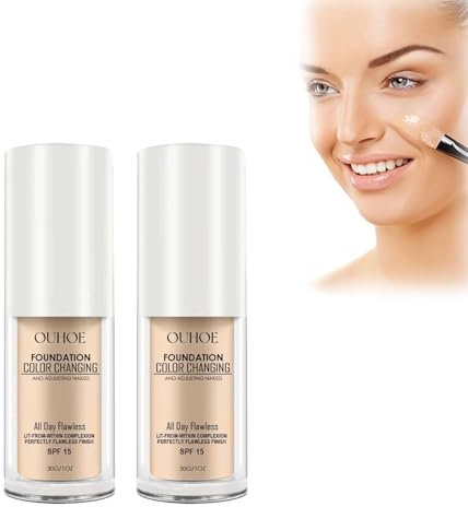 Farbwechselnde Foundation, Concealer Abdeckung Makellose Color Changing Foundation, Grundierung Versteckt Falten und Linien, Feuchtigkeitsspendende Flüssige Make up Cream (2 Stück, 30ml)
