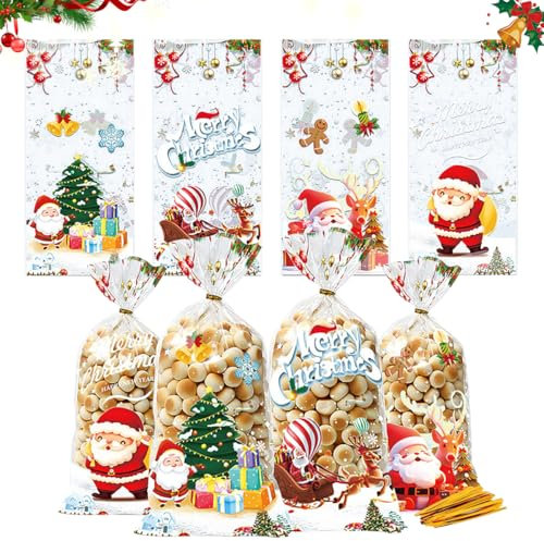 100 Stück Weihnachten Süßigkeiten Tüten - Cellophantüten Mit 100 Twist Krawatten, 4 Stile Kekstüten, Cookie Beutel für Kekse, Schokolade, Süßigkeiten