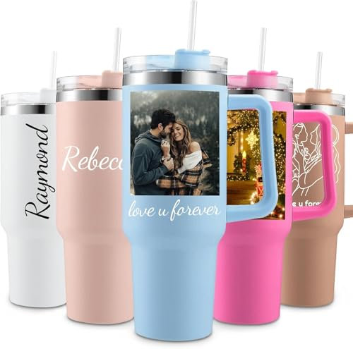 EKAM Personalised Tumbler with Handle and Straw, Customized 40oz/1135ml Insulated Stainless Steel Travel Coffee Cup with Name, Personalized Photo Gift for Women Men, 40oz Travel Mug (Sky Blue)