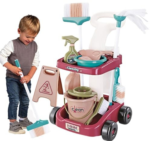 Reinigungssimulationsset für Kinder, Besen, Staubsauger und Reinigung, Reinigungswagen mit Sprühflasche und mehr, realistisches Spielzeug für und Mädchen, interaktives und pädagogisches Spiel