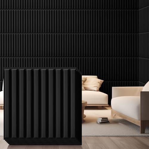 Nuanchu 32 Pcs 3D Slat Wall Panels 12 x 12 Inch PVC Fluted Textured Panel Cuttable Glue up Wall Art Decorative Tiles for Ceiling Studio Bathroom Interior TV Background (Black)