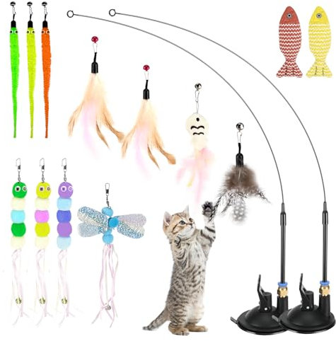Zikenis Juego de juguetes para gatos de 15 piezas, juguete para gatos, pesca para gatos con plumas, juguete interactivo para gatos con ventosa para gatos pequeños y grandes