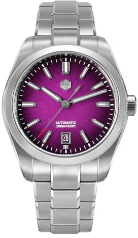 San Martin Herrenarmbanduhr SN0144-GX Automatikwerk 9015, Saphirglas, 10 Bar Taucheruhr für Herren, Blaues Zifferblatt, Orangenes Zifferblatt,Purple