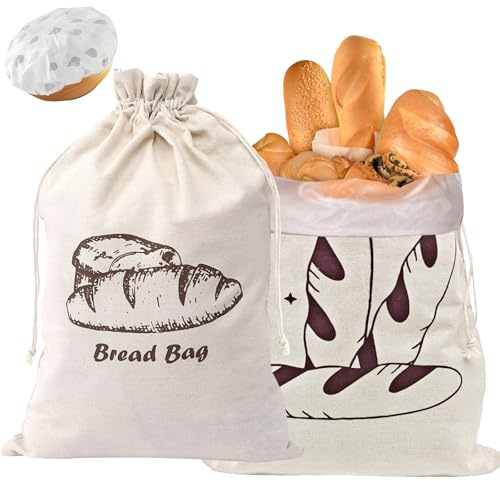 2 Stück Brotbeutel Leinen mit TPU Innenfutter 45 x 30cm brotsack zum Frischhalten Leinen Wiederverwendbar mit Kordelzug - KAMHBE