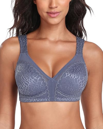 Lemorosy Reggiseno Minimizer Taglie Forti da Donna Comodo per Quotidiana Coppe Piene Non Imbottite Senza Ferretto a Tenuta Forte (Grigio-Blu,6D)