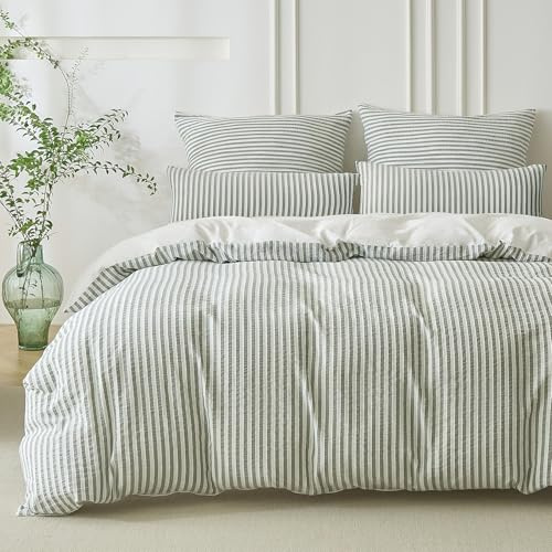 SOULFUL Bettwäsche 200x200 Baumwolle Gestreift Jacquard Oeko-TEX Salbeigrün | Gewaschene Baumwolle Boho Bettwäsche-Sets mit Reißverschluss Atmungsaktiv Enthält 1 Bettbezug 200x200 und 2 Kissenbezug 80x80