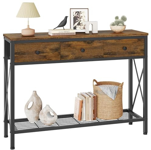 FAVOOSTY Console Table for Hallway Slim, Hallway Table with 3 Drawers & Shelves Storage, Behind Sofa Table, Narrow Side Table for Living Room Bedroom, Rustic Brown