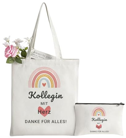 Beste Kollegin Geschenk, Abschied Kollegin Canvas Tragetasche mit Kosmetiktasche, Jutebeutel Kollege Geschenk, Shopper Bag Damen, Geschenke für Kollege zum Abschied, Ruhestand, Geburtstag, Weihnachten