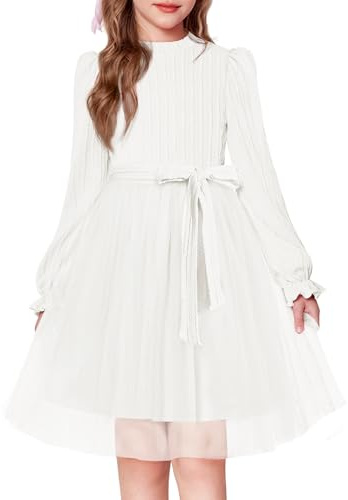 Arshiner Children Dress White Long Sleeve Wedding Dresses Casual Tulle Midi Girls Round Neck Thick Winter Dress Festive Evening Halloween Party Dresses 12-13 Years