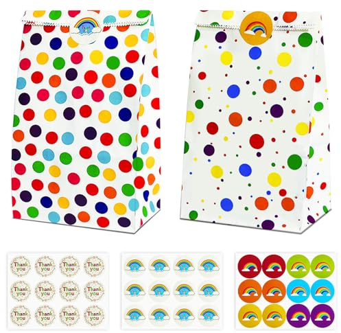 Aurinovellia 20 Stück Papiertüten, Mitgebsel Tüten mit 36 Aufkleber | Candy Bar Tüten aus Papier, Bunte Geschenktüten Kindergeburtstag für Geburtstag Hochzeit Party Feiern, 24 x 13 x 8 cm
