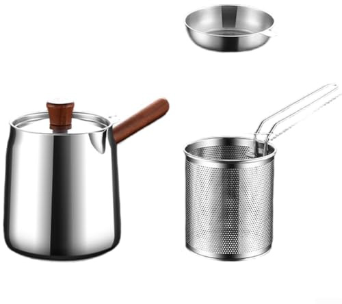 Friteuse en acier inoxydable 1 5 L 2 0 L avec poignée en noyer et passoire en maille pour une filtration efficace de l'huile, base antidérapante, compatible avec la cuisson au gaz et à induction (A-3)
