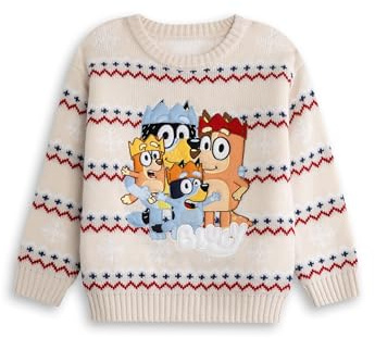 BlueY Weihnachtspullover für Kinder (Unisex) mit Heeler-Motiven in Creme, Bingo, Bandit und Chilli | Klassischer Langarm-Rundhalsausschnitt | Festliche Weihnachtskleidung für Kinder