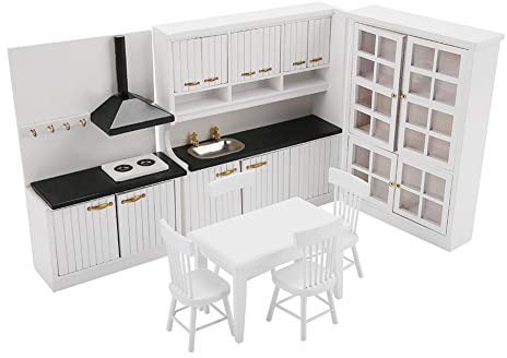 ZenithAur Puppenhaus-Küchen- und Esszimmer-Set mit Herd, Spüle und Schränken für Puppenhaus-Dekoration im Maßstab 1:12. EIN komplettes Miniatur-Küchenmöbel-Set aus Holz