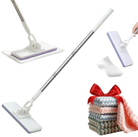 Wischmopp mit Druck-Klemm-System, 2026 Neu Wischer Mop Ohne Händewaschen, Bodenwischer mit 4 Mikrofasertüchern, 1-Knopf-Wechsel, Automatisches Klemmtuch, Wischmopp für Haushalt, Büro (1PC)