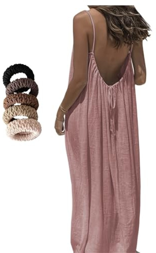 INLANDSIS Robe caraco dos nu pour femme, robe d'été décontractée à manches longues dos nu pour la plage bretelles spaghetti avec nœud dans le dos, rose, 5XL