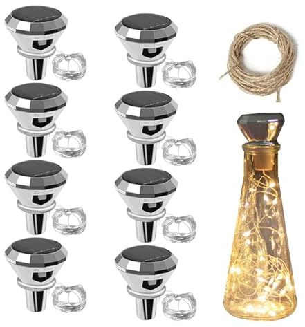 Calenxy Luz solar para botellas, 8 unidades de luces LED, 2 m, 20 LED, para botellas de corcho, botellas solares para exterior e interior, decoración para botellas de vino, cadena de luz para fiestas
