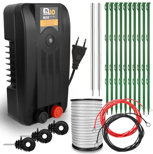 Ellofence Weidezaun Starter Set M - Starkes Weidezaungerät inkl. 200m Band, 10 Zaunpfählen, Ringisolatoren & Erdung - Komplettset für Hunde, Katzen & Kleintiere