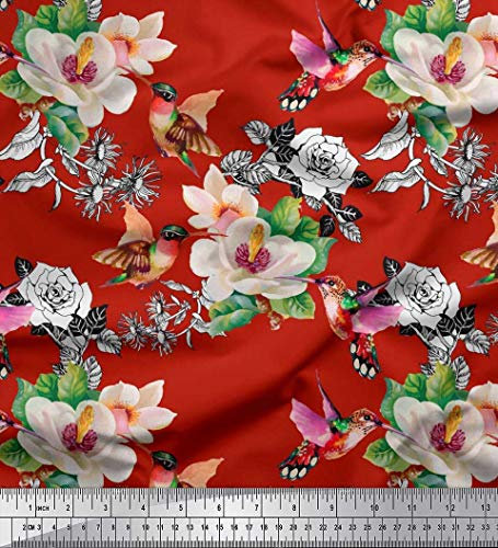 Soimoi Rot schwere Satin Stoff Kolibri, Laub & Magnolie Blumen- Stoff Meterware 54 Zoll breit