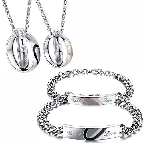 Kim Johanson Edelstahl Pärchen Schmuckset *Real Love* Armbänder & Ketten für verliebte in Roségold & Schwarz mit Zirkonia Steinchen besetzt inkl. Schmuckbeutel