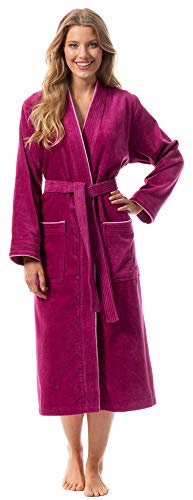 Morgenstern Bademantel Damen aus Baumwolle ohne Kapuze in Fuchsia Damen Bademantel wadenlang Frauen Bademantel Velours Größe M