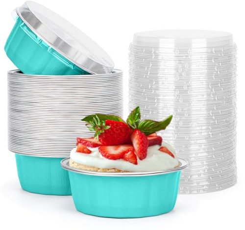 Beasea Lot de 50 ramequins jetables avec couvercles, gobelets en aluminium pour la cuisson de crème brûlée, muffins, cupcakes, mini pudding pour fête, mariage, anniversaire