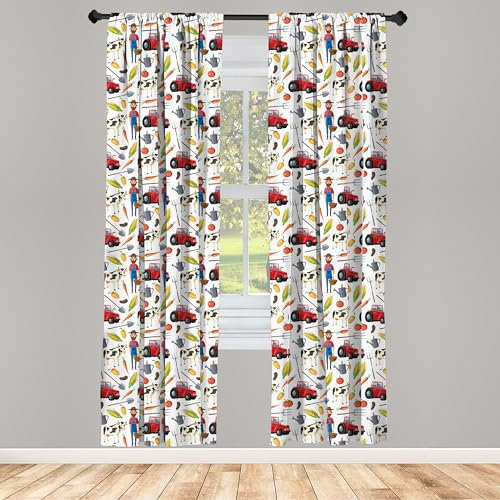 ABAKUHAUS Bauernhof Vorhänge, Gardinen, Gärtner Landwirtschaft Traktor, Fensterbehandlungen für Wohnzimmer Schlafzimmer Dekor, 2 Stück 75 cm b x 175 cm h, Weiß Rot Gelb