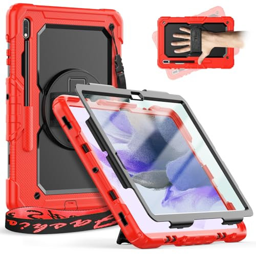 Timecity Case for Samsung Galaxy Tab S8+ Plus/ S7 FE 12.4 inch, Shockproof Protective Cover with Screen Protector, Rotating Hand Strap Stand, Pencil Holder for Galaxy Tab S8 Plus/ S7 FE, Red