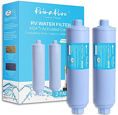 2-Pack PrimaPure RV Inline Water Filter KDF Activated Carbon Replacement for Camco 40043 Standard Water Hose, Garden Hose, Camping with1 Flexible Hose Certified to NSF/ANSI 42 by IAPMO R&T