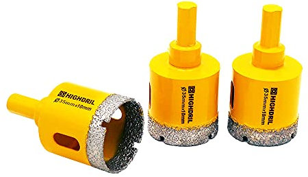 HIGHDRIL Lot de 3 forets diamantés, diamètre 35 mm avec tige triangulaire brasée sous vide pour béton, granit, marbre, verre, porcelaine, carrelage, maçonnerie, brique