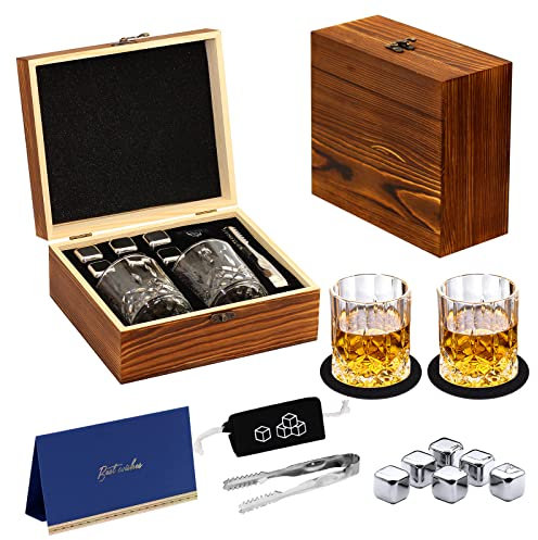WhiskeySet Geschenke für Männer, DIOXADOP 6 Edelstahl Whisky Steine 2 Kristall Whisky Gläser 1 Segenskarte in einer exquisiten Holzbox, Bereiten Sie ein Geschenk für Whiskey Scotch Bourbon Liebhaber