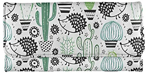 Binienty Damen-Portemonnaie, dreifach gefaltet, mit Klettverschluss und Sichtfenster, PU-Leder, Kaktus Igel, Einheitsgröße