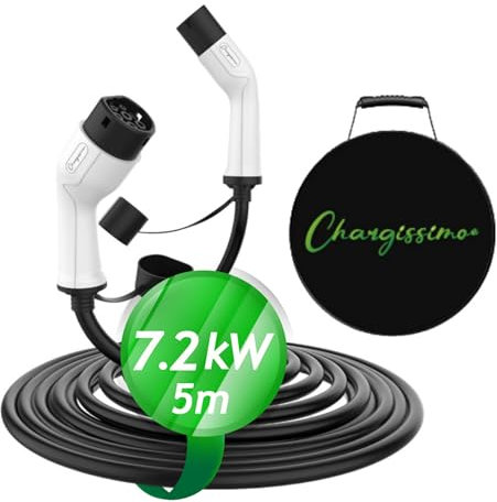 CHARGISSIMO Cavo di Ricarica per Auto elettriche e ibride 5 Metri Tipo 2 per Stazione di Ricarica 3.5kW | 7.2kW | 22kW | Modello Compatibile 3/S/X/Y, Zoe, e-208, 500e (32A | 1 Phase | 7.2KW)