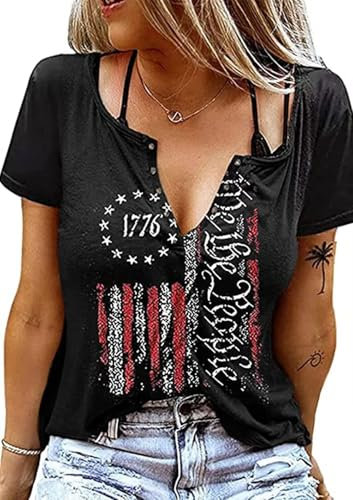 T-Shirt mit amerikanischer Flagge, patriotisches T-Shirt für Damen, 4. Juli, kurzärmelig, lockere T-Shirts, Tops, USA-Flagge, Grafik, Freizeithemden, Schwarz, Groß