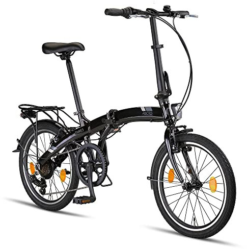 PACTO Three Klapprad 20 Zoll mit Schnelles Faltsystem (10 Sek), Aluminiumrahmen, Leichtgewicht (14KG), 6 Gänge, V-Bremsen und LED-Licht (Schwarz)