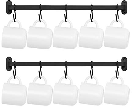 Dahey Lot de 2 supports muraux pour tasses à café en métal avec 10 crochets pour tasses, étagère de présentation rustique pour cuisine, salle à manger, café, bar, noir