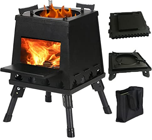 Generic Campingkocher Holzofen Mini Holzvergaser Faltbar Tragbar Kompakt Hobo Kocher für Picknick BBQ Camping Wandern Reisen mit Tragen Tasche,Black,S