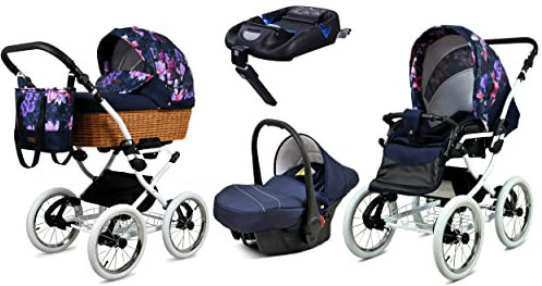 BabyLux Kinderwagen 4in1 mit Autositz für Kleinkinder – Kinderwagen für Neugeborene und Kleinkinder –– Baby Neugeborenen Kinderwagen – ISOFIX Autositzbasis – Max 15kg – Royal Magnolia White Frame