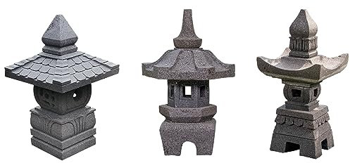 IDYL 3er Set | 2X Stein-Laterne Lampe Yukimi aus Lavastein Verschieden Höhe 50 cm+ Lavastein-Skulptur Laterne Pagoda | Höhe 55 cm | Lava-Stein Laterne handgefertigt | Gartenskulptur Naturstein