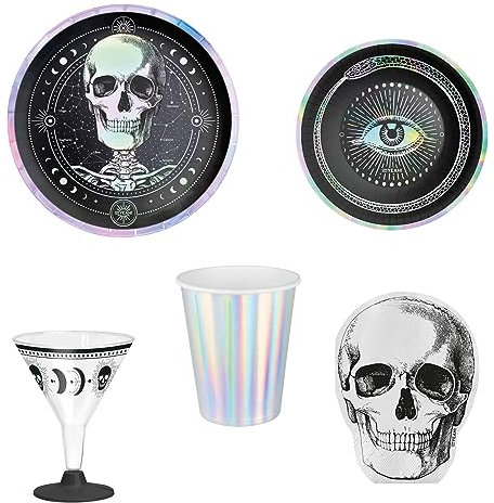 OH YEAH - Decoración Halloween Esotérica Mesa - Pack 6 Personas - Temática Halloween Esotérico - Accesorios Fiesta Halloween - Efecto Iridiscente - Platos + Vasos + Servilletas - FÁCIL MONTAJE
