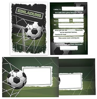 Limonia 12 Einladungskarten incl. 12 Umschläge zum Kindergeburtstag Einladung Geburtstag Mädchen Kinder Jungs Jungen Boys Fussball Turnier schwarz