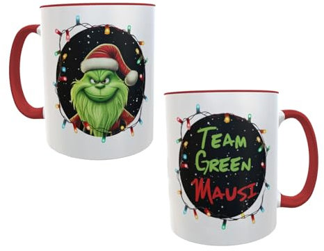 Kilala Weihnachtstasse mit Motiv Lichterkette Team Grinsch in rot, Kaffeebecher mit lustigem Spruch, Weihnachtsmuffel Kaffeetasse, Glühweinbecher als Wichtelgeschenk oder zu Weihnachten