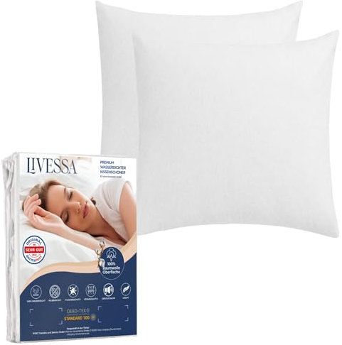 LIVESSA wasserdichter Kissenbezug 80x80 cm (2er Pack) - Kissenschoner mit Reißverschluss, Pillow Protector, Anti-Milben, Oeko-Tex Zertifiziert, Atmungsaktiv,%100 Baumwolle Oberfläche