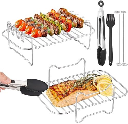 CRROEL 2teiliges Luftfritteusen-Gestell, Heißluftfritteusen-Zubehör Mehrzweck-Edelstahl Airfryer Grillrost mit 4Spießchen,1Ölbürste,1Verbrühungsschutz-Clip für 3,7 Qt-4,2 Qt Luftfritteusen