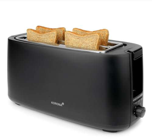 Korona 21060 Toaster 4 Scheiben | Langschlitz | einstellbarer Röstgrad | Auftauen | Rösten | Aufwärmen | 1.400 Watt | Brötchenaufsatz | Krümelschublade | Brotscheiben-Zentrierung | schwarz matt