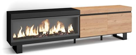Skraut Home | Mueble TV | Televisión | Muebles de salón, almacenaje | 210 | para TV hasta 80 | Chimenea eléctrica XXL | Diseño Industrial | Estilo Moderno | Roble y Negro