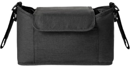 Hiseng Pram Organiser - Multifunctional Buggy Bag with Insulated Cup Holders, Universal Pram Accessory for Baby Bottle & Toys (Black, 25x10x15cm)