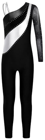 TiaoBug Klassischer Turnanzug für Mädchen Gestreift Gymnastikanzug Ein-Schulter Tanztrikot Ballettbody mit langes Bein Ganzkörper Sportbody Trikotanzug Schwarz 110-116