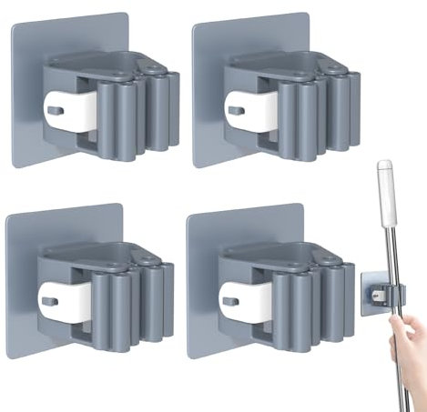 3-H Besenhalterung Wand Selbstklebend, Wandhalterung Besen Ohne Bohren, 4 Stück Besenhalter Gerätehalter Aufhängung für Gartengeräte Besenstielhalter für Badezimmer Küche Zuhause Garten Garage, Grau