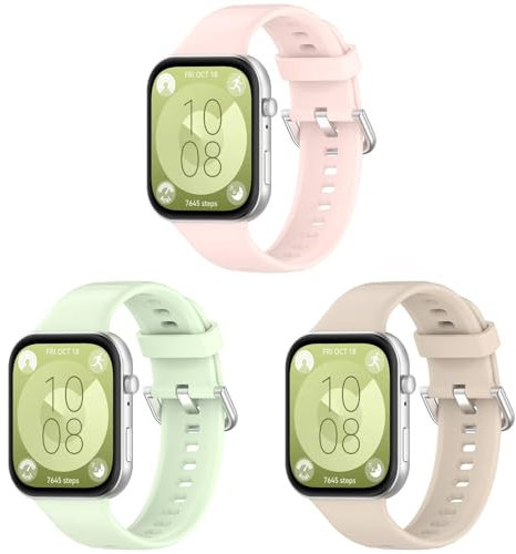 Bracelet Compatible avec Huawei Watch Fit 3 Bracelet pour Femmes Hommes, 3 Pièces Accessoires de Respiration en Silicone de Rechange Réglables pour Huawei Watch Fit 3 Smartwatch (Rose + Vert + Beige)